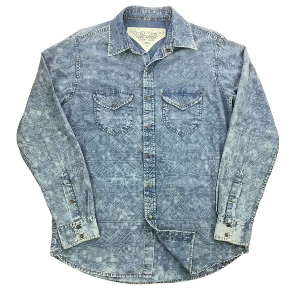 Ryan Michael Western Pearl Snap Shirt Mens sz M Acid Blue Chambray Tribal Print